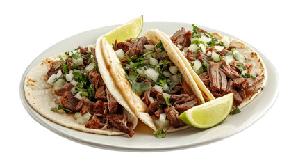 Barbacoa Tacos on a plate isolated on transparent png background. Generative ai 