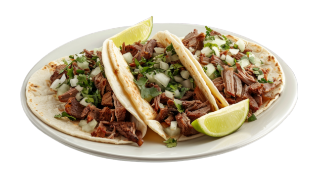 Barbacoa Tacos on a plate isolated on transparent png background. Generative ai 