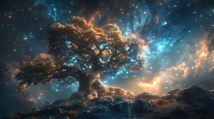 Cosmic nebula growing gigantic tree, growing on asteroid, universe, majestic, dreamy, extraterrestial planet