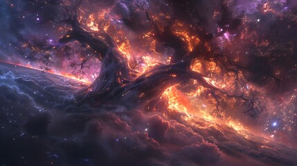 Cosmic nebula growing gigantic tree, growing on asteroid, universe, majestic, dreamy, extraterrestial planet - obrazy, fototapety, plakaty
