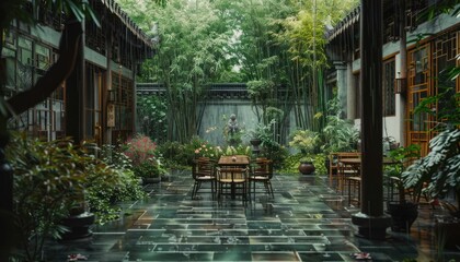 Quiet and shady traditional Chinese house courtyard with benches in the yard when it rains