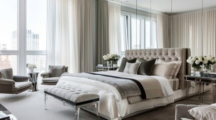 Elegant Minimalist Bedroom with Mirrored Nightstand and Sheer Curtains