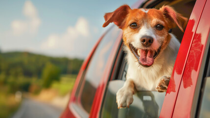 Happy terrier dog traveling by car - obrazy, fototapety, plakaty