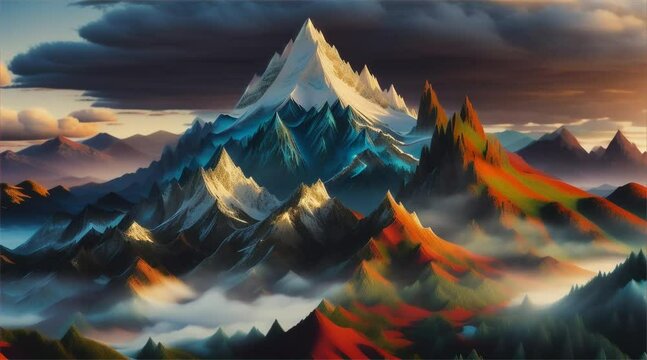 towering mountain peaks, kissed by the first light of dawn, surrounded by dramatic sky 