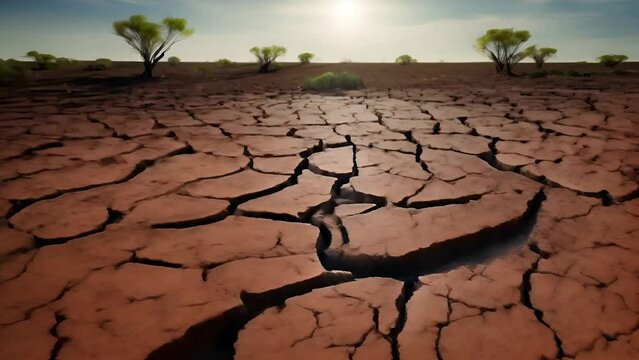  Contrast of Life Amidst Drought -  stark contrast of thriving trees against a backdrop of an arid, cracked earth, illustrating the resilience of nature amidst harsh conditions