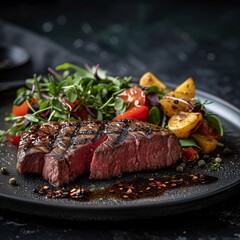 A professional photo of a juicy steak showcases its perfect grill marks and succulent interior, promising a flavor-packed feast that's a carnivore's delight.





