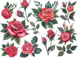 Roses bouquets clipart set on white background for crafts, cards, invitations, and art projects.