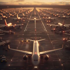Airplanes parked on the runway,  Yellow sunset sky, symbolizing the travel industry. 