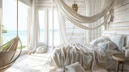 Coastal Bedroom Retreat with Sheer Canopy Bed and Hammock Chair