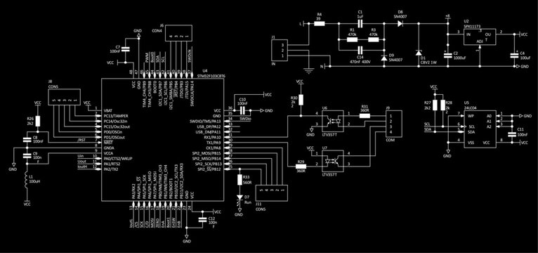 Schematic diagram of electronic device.
Vector technical drawing electrical circuit with led, integrated circuit,
capacitor, resistor, optocoupler, microcontroller chip
and other electronic components