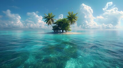 Fototapeta na wymiar Isolated island with one palm tree, pristine water.