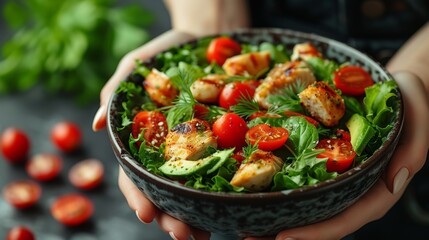 A person holding a bowl of fresh salad with grilled chicken, tomatoes, greens, and avocado