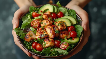 A person holds a bowl with grilled chicken, avocado slices, cherry tomatoes, and mixed green salad