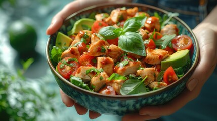 A person is holding a bowl containing a colorful salad with chicken, avocado, tomatoes, and basil