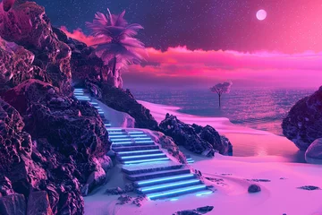 Fototapeten stairway to the sky on the beach in neon created using generated  © Андрей Катаев