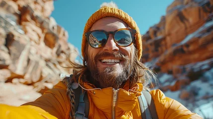 Tuinposter Bearded person in sunglasses and a yellow beanie takes a selfie in a rocky desert landscape © TheGoldTiger