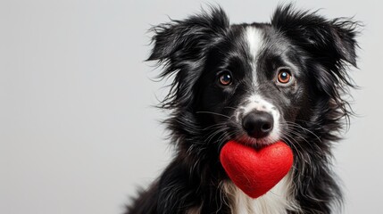 Black and white dog with a red heart-shaped object in its mouth against a grey background