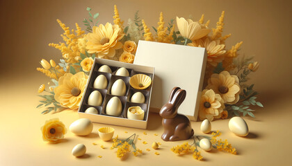 An Easter celebration image with the box of egg-shaped chocolates sweet bunny and prefect space for personalization or ad. Ai generative