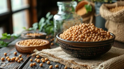 Bowl filled with soybeans is placed on a rustic wooden table accompanied by greenery - Powered by Adobe