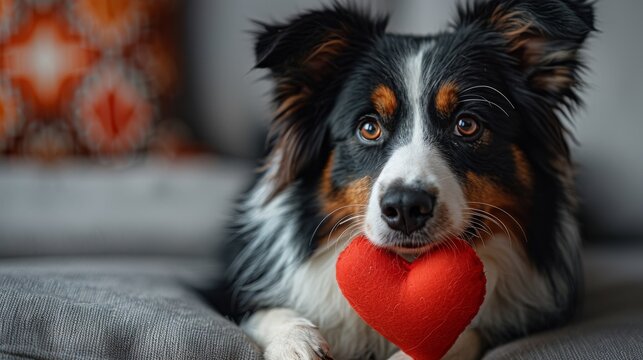 Black and white dog with brown markings holds a red heart-shaped toy, looking adorable