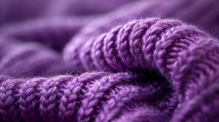 Close-up of a purple knitted fabric displaying intricate textures with a twisted cable-knit pattern