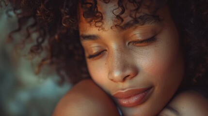 Close-up of a woman with curly hair and closed eyes, exuding calmness and serenity