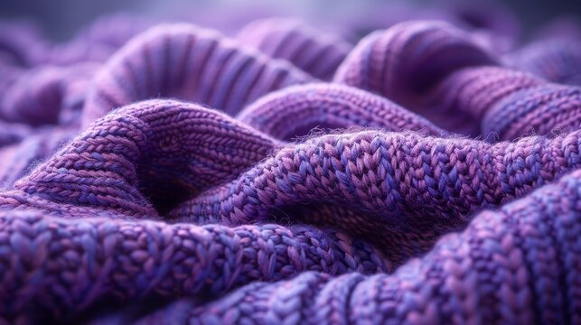 Close-up image of purple knitted fabric showing intricate details of stitches and texture