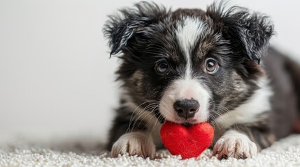 Fluffy Border Collie puppy lies on a carpet, adorably holding a small red ball