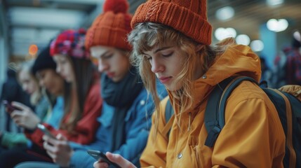 Four people wearing winter hats are focused on their smartphones in a busy indoor setting