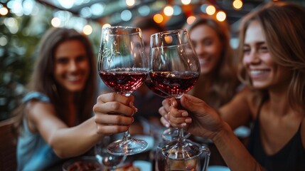 Friends are toasting with red wine glasses at a warm, festive outdoor gathering, smiling joyfully