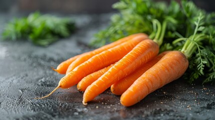Fresh, vibrant carrots with green tops lie on a dark surface, suggesting healthy, organic produce