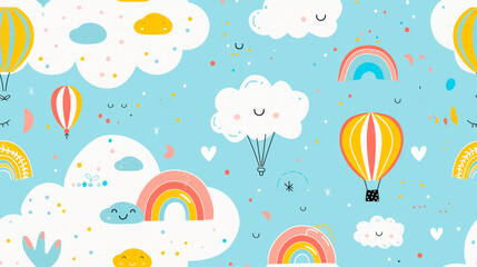 Against a blue backdrop, multiple hot air balloons and bright rainbows float, creating a scene of adventurous joy and colorful aerial travel in the peaceful sky. Banner. Copy space.