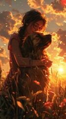 Girl is embracing a dog lovingly in a field during a breathtaking golden-hour sunset