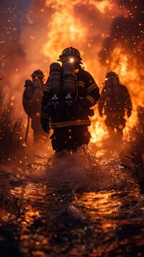 Firefighters wade through water against a backdrop of flames, showcasing bravery amidst a dangerous firefighting operation