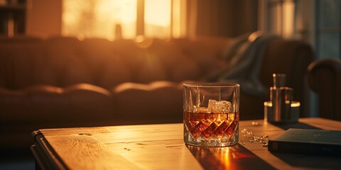 A whiskey alcoholic beverage sit on the table shines in its simplicity