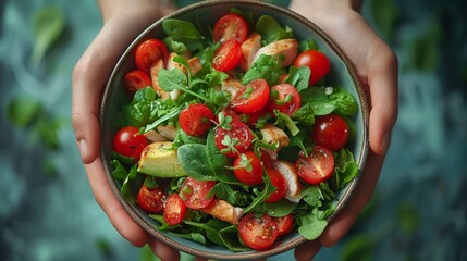 Hands holding a bowl of fresh salad with tomatoes, spinach, avocado, and a sprinkling of herbs