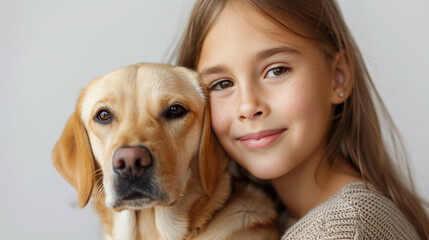 A happy girl with her dog posing in a studio exuding joy and unbreakable bond. Dog and girl expressing love and complicity in a true friendship scene. - obrazy, fototapety, plakaty