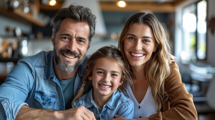 Happy family of three, with a smiling child, in a cozy, well-lit indoor setting