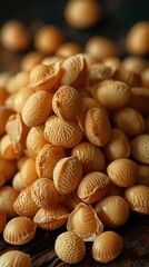 Heap of shelled, fresh, golden-brown blanched almonds, some halved, on a dark textured background