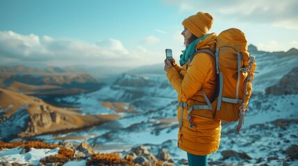 Hiker with an orange backpack stands admiring a vast snowy landscape under a clear blue sky - Powered by Adobe