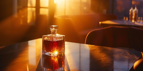 A whiskey alcoholic beverage sit on the table shines in its simplicity - obrazy, fototapety, plakaty
