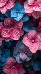 Image depicts a vibrant cluster of hydrangea flowers with a mix of blue and pink petals