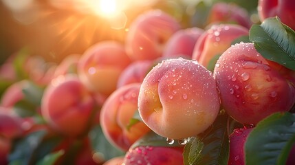 Peaches on tree in orchard. Sun-kissed