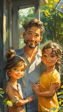 Illustrated image depicts a smiling man with two girls, possibly his daughters, in a sunlit doorway