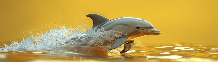 A dolphin leaping out of a water hole in an ice sheet, surprised by the audience above, on a clear yellow render background