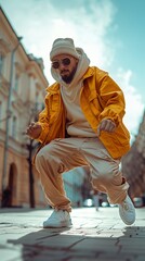 Man in a yellow jacket and white beanie poses dynamically on a sunlit urban street