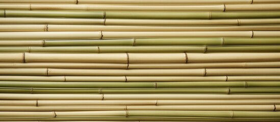 A closeup of a rectangular wall made of brown bamboo sticks. The grille pattern creates symmetry with tints and shades. There is metal window treatment on the flooring