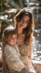 Mother and child sit together, dressed in light outfits, near water, sharing a tender moment