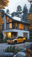 Obraz premium Modern two-story house with illuminated interiors, surrounded by autumn trees, with a yellow car parked outside