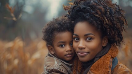 Mother and child embracing, surrounded by warm autumn colors, sharing a moment of affectionate closeness